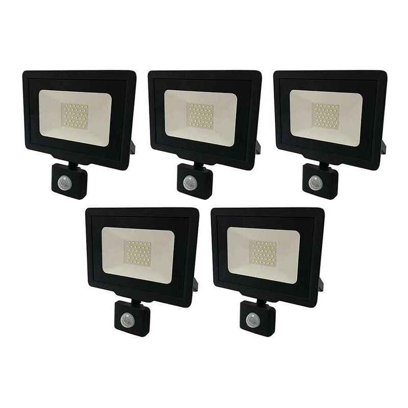 Lot de 5 Projecteurs led Noirs 30W (150W) à Détecteur IP65 2400lm - Blanc Naturel 4500K