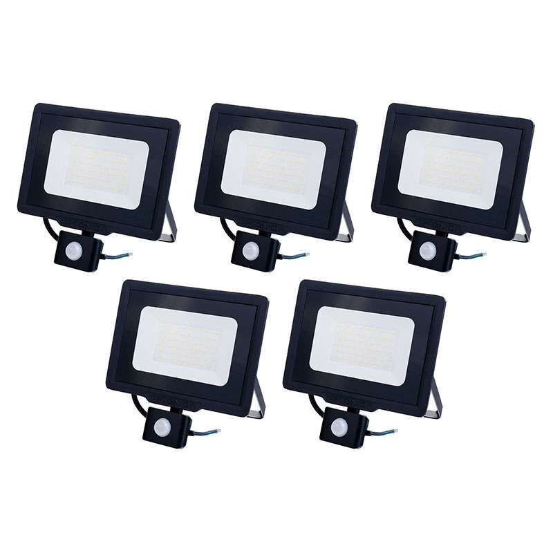 Lot de 5 Projecteurs led Noirs 50W (250W) à Détecteur IP65 4000lm - Blanc Naturel 4500K
