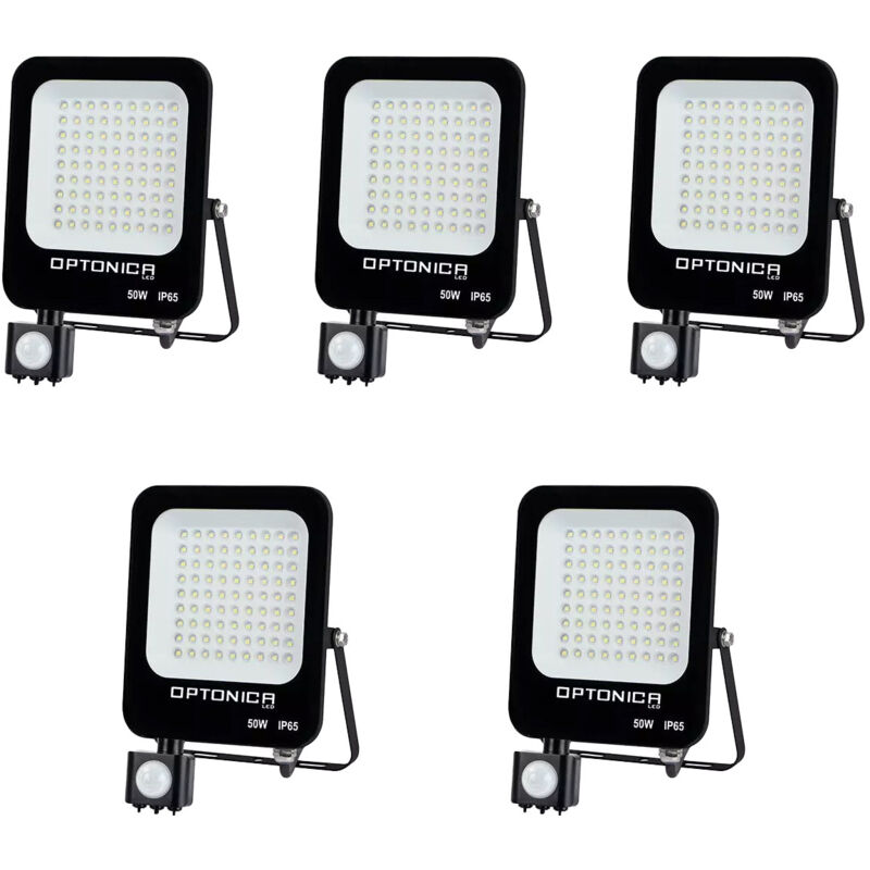 Lot de 5 Projecteurs led Noirs 50W (250W) à Détecteur IP65 4700lm - Blanc du Jour 6000K