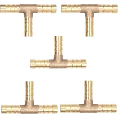 Lot de 5 Raccords Tuyau en Laiton Forme T 8mm, Raccord 8mm,Connecteurs 3 Voies,Raccord Barbelé pour d'Air,Carburant,Eau et Gazole -