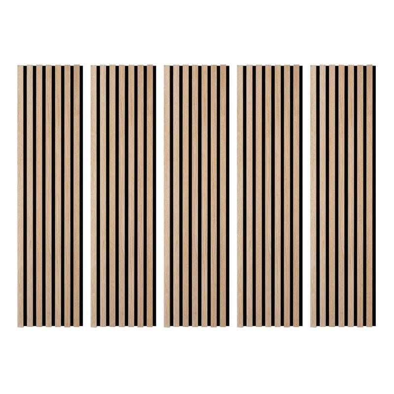 Decoon - Lot de 5 Revêtements muraux tasseaux bois 120x30x1 cm - Pack tête de lit 90 - Lamelles chêne clair véritable fond noir 1,80 m²