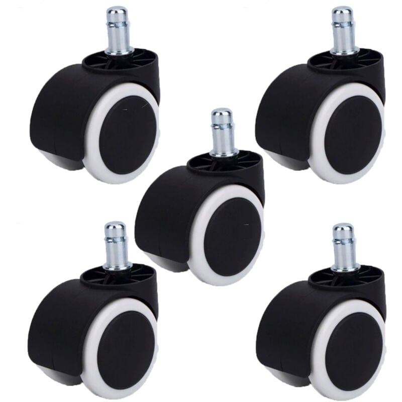 Lot de 5 Roulettes pivotantes jumelée pour fauteuil caoutchouc gris diamètre 50 mm à tige lisse 11x22 mm