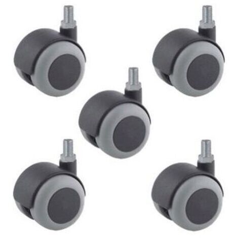 Lot de 5 Roulettes pivotantes JUMELÉE pour FAUTEUIL CAOUTCHOUC GRIS diamètre 50 mm à tige filetée M10x15 mm