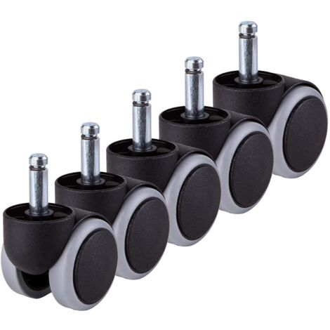lot de 5 roulettes, tige 10mm, caoutchouc, pivotantes 360°, sols durs, bureau