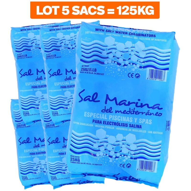 Paquete De 5 Bolsas De 25Kg De Sal Fina Para Piscinas De Disolución Rápida Norma 16401 Conforme A La Norma Europea