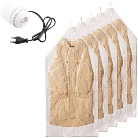 Lot de 5 sacs de mise sous vide pour vêtements suspendus - 130 x 70 cm - Sacs sous vide pour couettes, sacs à vêtements avec pompe électrique - Sacs sous vide pour voyage