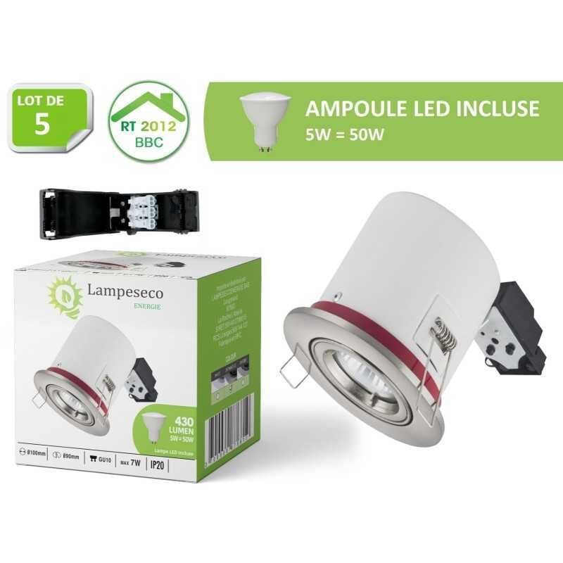 Lot de 5 Spot bbc RT2012 Orientable Inox 100mm avec ampoule Led 5W Blanc Neutre