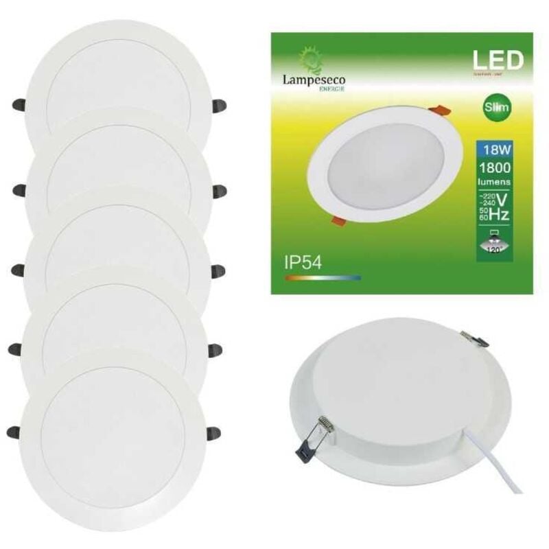 5 Spot Encastrable led Downlight Panel Extra-Plat 18W Blanc Neutre 4500K IP54 Pour pièces humides