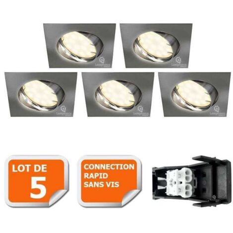 Lot de 5 spot encastrable orientable LED carré alu brossé GU10 230V eq. 50W blanc chaud