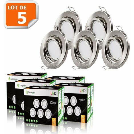 LAMPESECOENERGIE Lot de 5 spot led encastrable complet orientable alu brossé avec ampoule gu10 230v 5w, blanc neutre