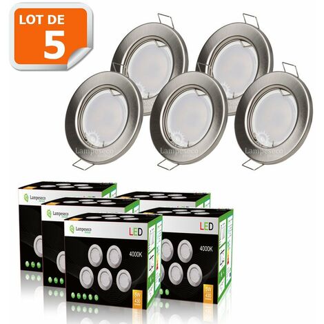 LAMPESECOENERGIE Lot de 5 spot led encastrable complète ronde fixe alu brossé blanc neutre eq. 50w