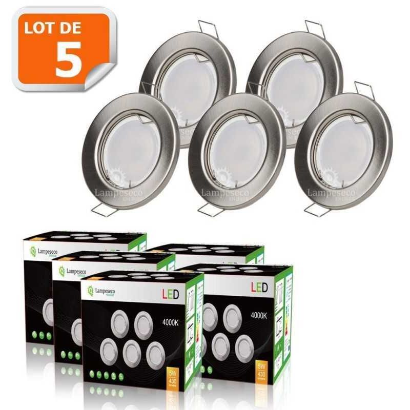 Lot de 5 spot led encastrable complète ronde fixe alu brossé blanc neutre eq. 50w