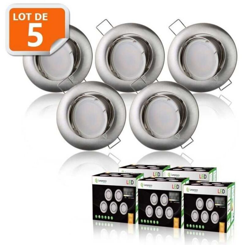Lot de 5 spot led encastrable orientable aluminium brossé avec ampoule led gu10 230v 5w 6000K