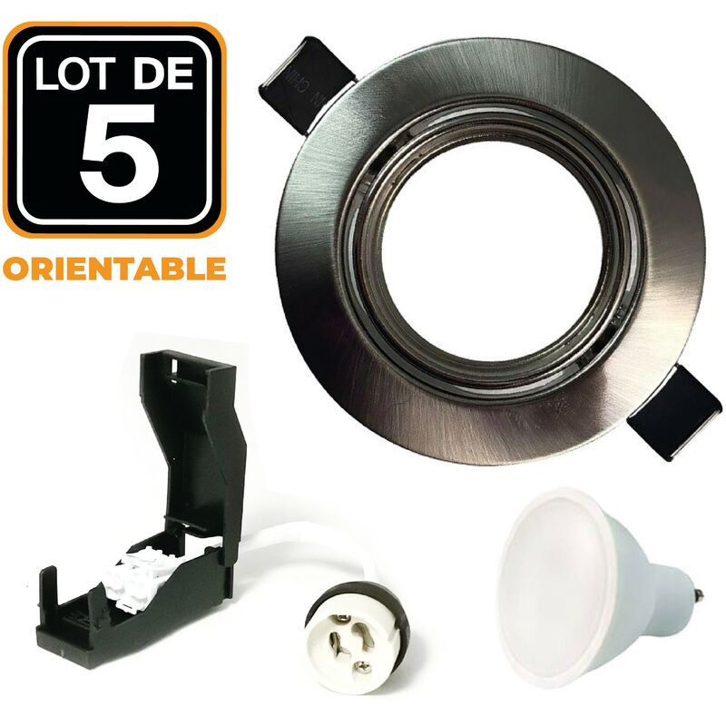 

5 Spots encastrable orientable Alu Brossé avec GU10 LED de 7W eqv. 56W Blanc Chaud 2700K