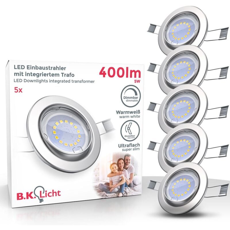 Lot de 5 spots encastrables, 5 ampoules led GU10 5W fournies, dimmable & orientable, 400Lm par spot, blanc chaud 3000K, spots à encastrer, pas besoin