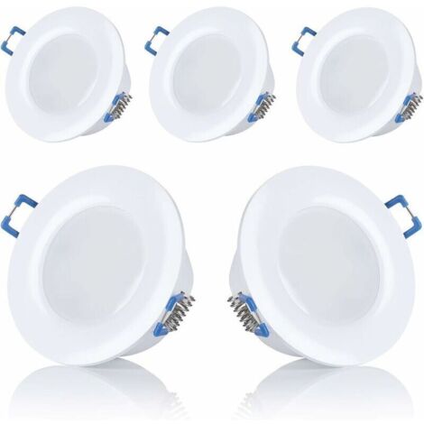 Lot de 5 spots LED encastrables ronds – IP44 pour salle de bain – Ultra plats 5W 230V – Blanc chaud et blanc froid – Diamètre d'ouverture 75-80mm