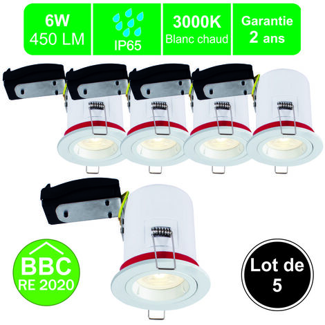 Lutece-Arc – Lot de 5 spots encastrables étanches IP65 avec ampoules GU10 6W 450lm – Angle de diffusion 38° – Installation rapide sans tournevis