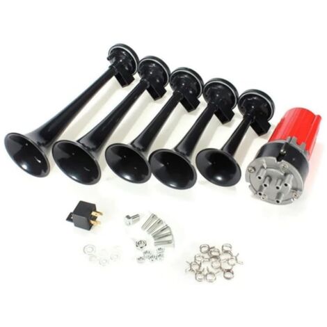 Lot de 5 trompettes musicales 125 dB - 12V - Avec compresseur - Pour voiture, camion, bateau, bus-Noir