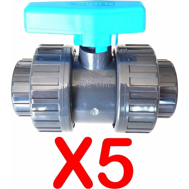Lot de 5 Vannes à coller 50mm 11/2 double union démontable PVC Pression PN16 Vanne à boisseau 50 mm 5cm