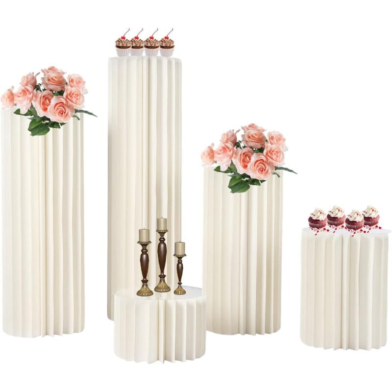 Lot de 5 vases en carton de mariage - Support de fleurs pliable - Colonne décorative - Blanc - Support de fleurs cylindrique pour mariage,