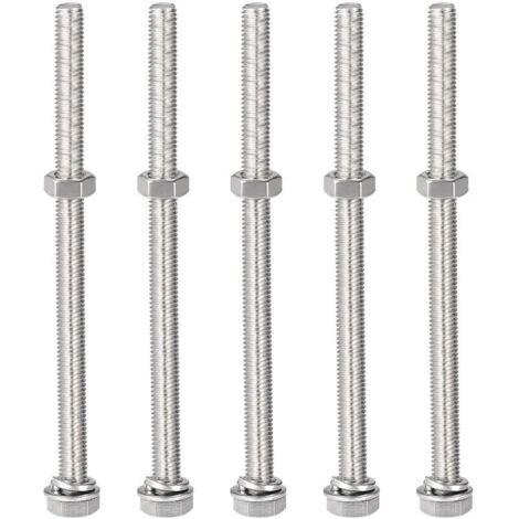 Lot de 5 vis à tête hexagonale M8 x 130 mm, écrous, rondelles plates et de verrouillage, boulons hexagonaux entièrement filetés en acier inoxydable 304