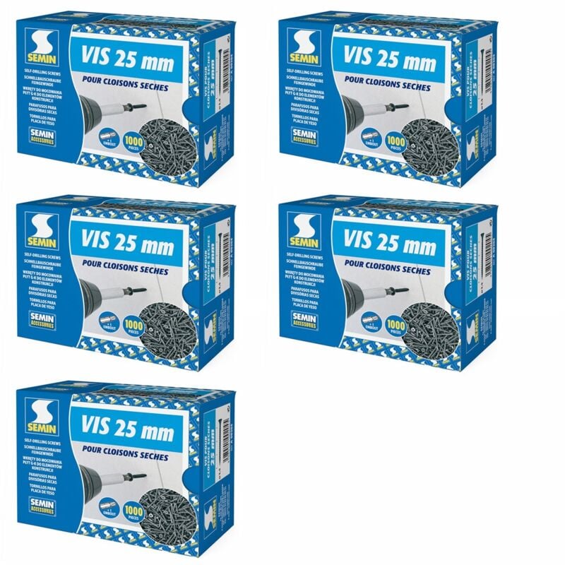 Lot de 5 x 1000 vis auto perceuse Semin pour la fixation des plaques de pâtre sur l'ossature - intérieur - 25 mm