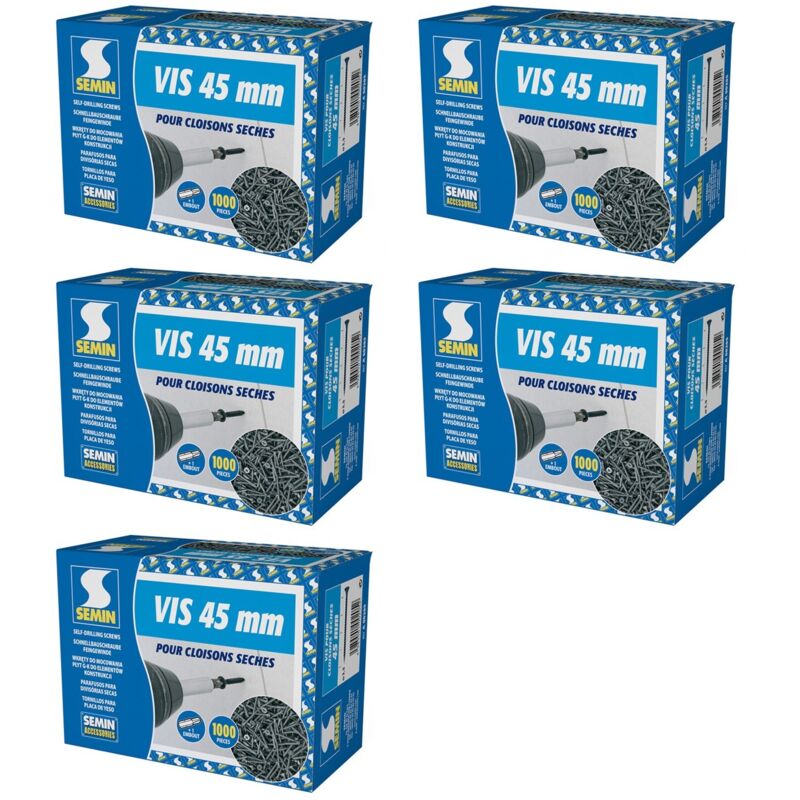 Lot de 5 x 1000 vis auto perceuse Semin pour la fixation des plaques de pâtre sur l'ossature - intérieur - 45 mm