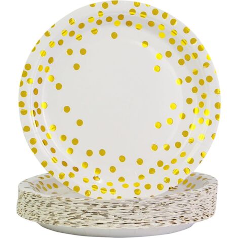 Lot de 50 assiettes en carton pour fêtes, assiettes blanches et dorées de 18 cm, vaisselle jetable pour fêtes