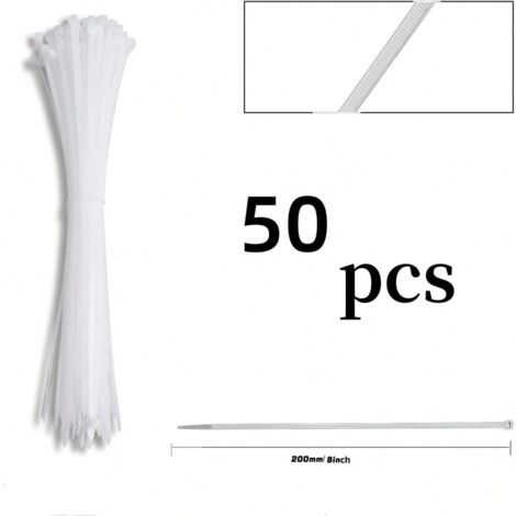 Lot de 50 attaches de câble autobloquantes, robustes et durables, résistance à la traction de 8 kg, idéales pour la maison, le jardin, le garage et l'atelier, 10 cm, blanches.