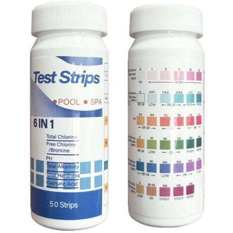 Lot de 50 Bandes de Test, 6 En 1 Bandes Spa Et Piscine, Bandes Test Eau pour Tester Chlore Libre, Le Brome, la dureté Totale, l’alcalinité Totale, l’Acide cyanurique et Le pH