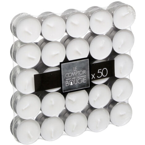 Lot de 50 bougies chauffe-plat blanches 3,7cm – Cire avec coupelle aluminium – Pour ambiance chaleureuse et événements – Comptoirdelabougie