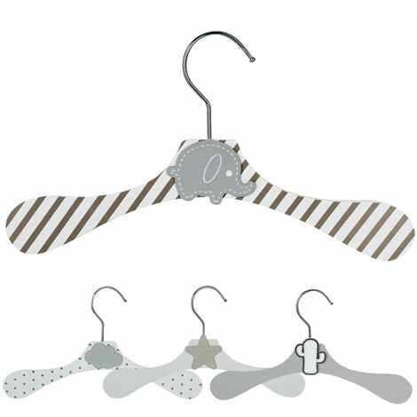 Lot de 50 cintres en bois 28 cm pour bébé, enfant avec crochet pivotant - Cintre rayé blanc et marron et éléphant gris - Monsieur Bébé
