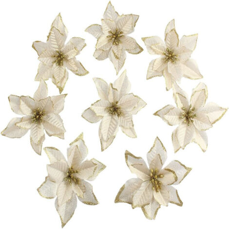 Lot de 50 décorations de Noël poinsettia artificielles dorées, fleurs décoratives pour sapin et table de fête