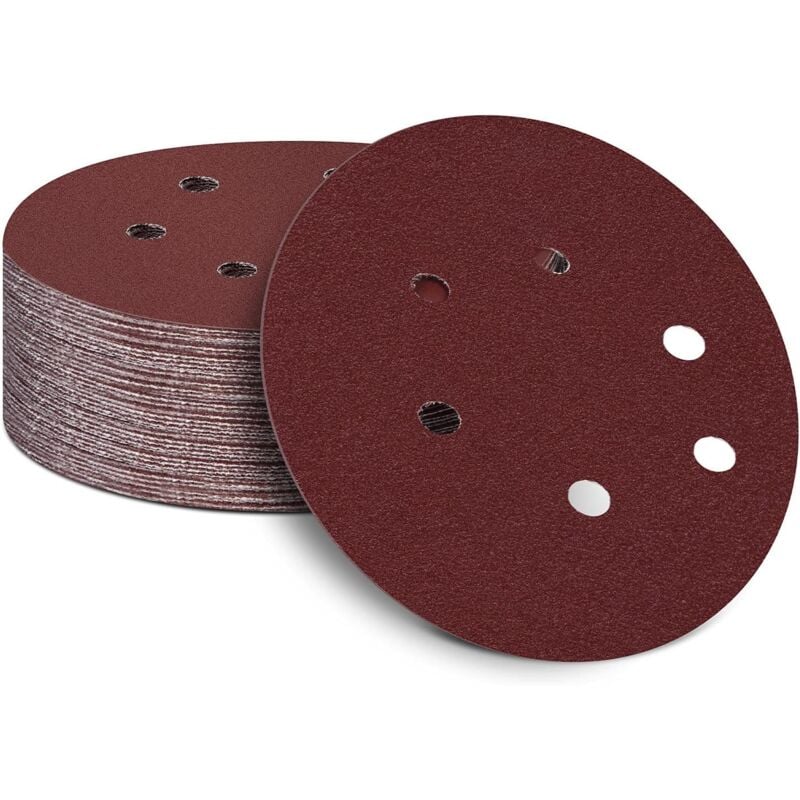 Lot de 50 disques abrasifs de 150 mm pour ponceuse excentrique grain 180, papier abrasif de 150 mm, 6 trous, bandes abrasives Velcro pour bois,