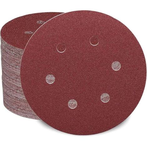 Lot de 50 disques abrasifs de  pour ponceuse excentrique grain 80, papier abrasif de 150 mm, 6 trous, bandes abrasives Velcro pour bois, panneaux de particules, métal