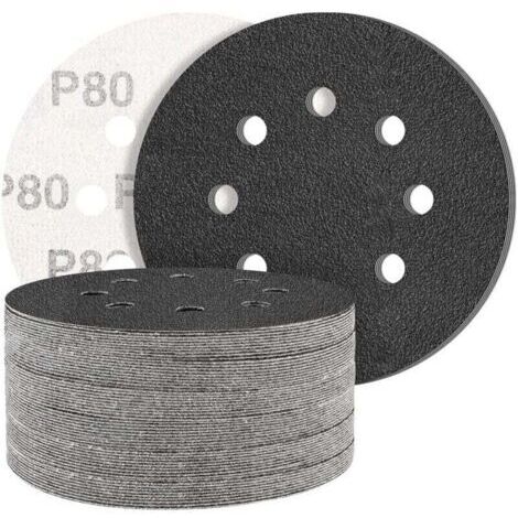 Lot de 50 disques abrasifs en carbure de silicium noir, grain 80, pour ponceuse orbitale aléatoire ronde à 8 trous - Grain mixte - Pour le polissage