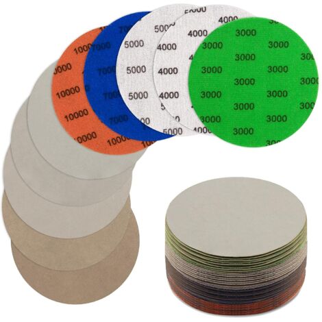 Lot de 50 Disques de Ponçage, Rond Papier de Verre, 125mm Disques Abrasifs Auto-Agrippants, Disques Abrasif de Ponçage Humide et Sec 3000/4000/5000/7000/10000 pour Le Flocage, Papier Abrasif