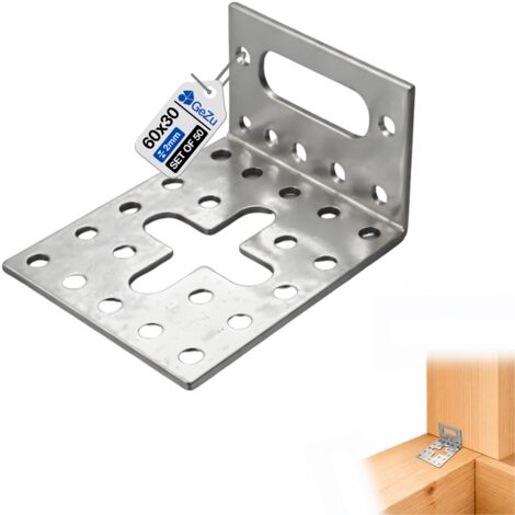 Lot de 50 Équerres réglables 60 x 30 x 60 mm – Galvanisées – Connecteurs d’angle ajustables – Plaques perforées pour montage bois – GeZu Impex