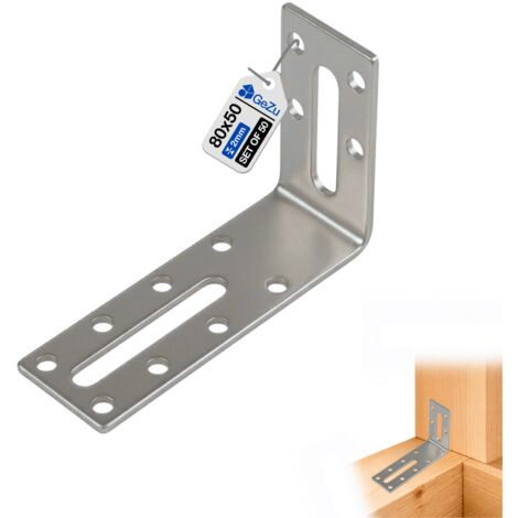 Lot de 50 Équerres réglables 80 x 50 x 30 mm – Galvanisées – Connecteurs L ajustables – Plaques perforées pour montage bois – GeZu Impex