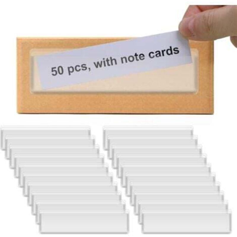 Lot de 50 étiquettes transparentes en plastique pour bacs de rangement avec inserts pour badges nominatifs et organiseurs de tiroirs et d'étagères