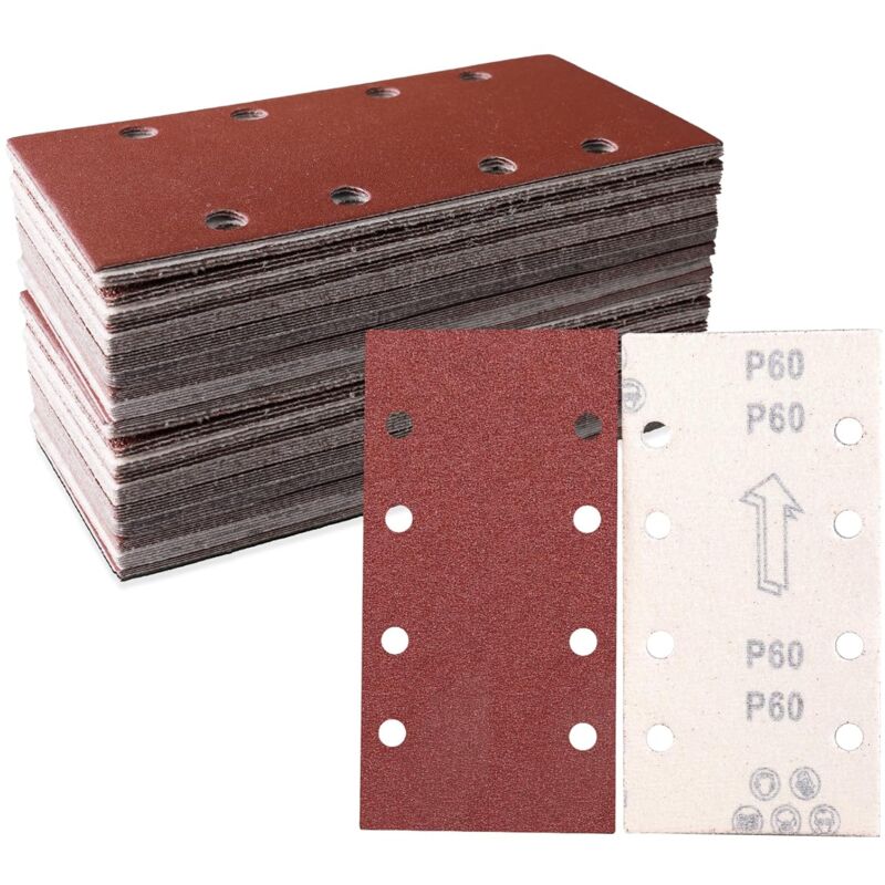 Lot de 50 feuilles abrasives 93 x 185 mm - Papier abrasif carré auto-agrippant 8 trous - 60 grains assortis - le polissage et l'élimination de la