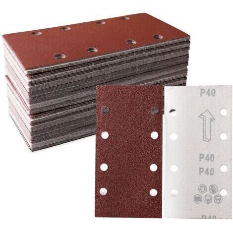 Lot de 50 feuilles abrasives 93 x 185 mm Papier abrasif carré auto agrippant 8 trous 40 grains Idéal pour ponçage, polissage et dérouillage Convient pour ponceuse rectangulaire