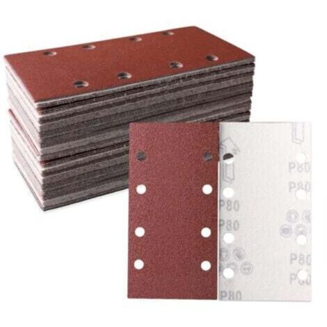 Lot de 50 feuilles abrasives 93 x 185 mm Papier abrasif carré auto agrippant 8 trous 80 grains Idéal pour ponçage, polissage et dérouillage Convient pour ponceuse rectangulaire
