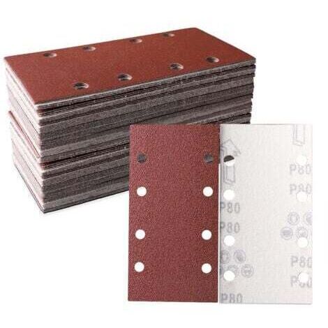 Lot de 50 feuilles abrasives 93 x 185 mm Papier abrasif carré auto agrippant 8 trous 80 grains Idéal pour ponçage, polissage et dérouillage Convient pour ponceuse rectangulaire