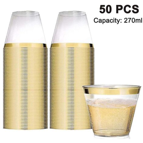 Lot de 50 gobelets en plastique à bordure dorée, verres à vin transparents de 26 cl (9 oz) avec bordure dorée