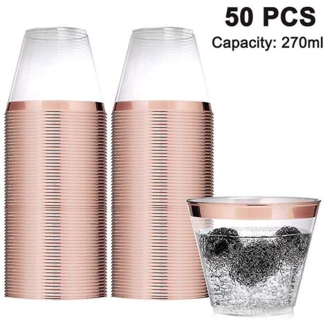 Lot de 50 gobelets en plastique à bordure dorée, verres à vin transparents de 26 cl (9 oz) avec bordure or rose