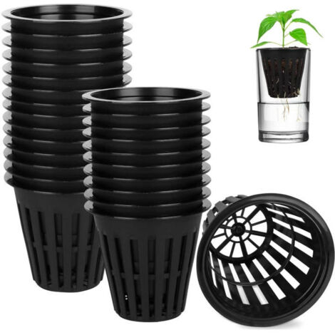 Lot de 50 paniers de plantation hydroponiques en plastique noir, pots de fixation pour culture sans sol, pour semis et culture hydroponique