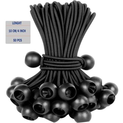 Lot de 50 pelotes élastiques, corde noire pour bâche, résistante aux UV, avec sangles en caoutchouc pour bâches, draps, amarrages, poteaux et câbles, noir (10 cm x 4 pouces).