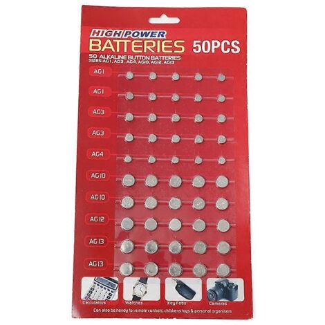 Lot de 50 piles boutons AG1/AG3/AG4/AG10/AG12/AG13 pour montres