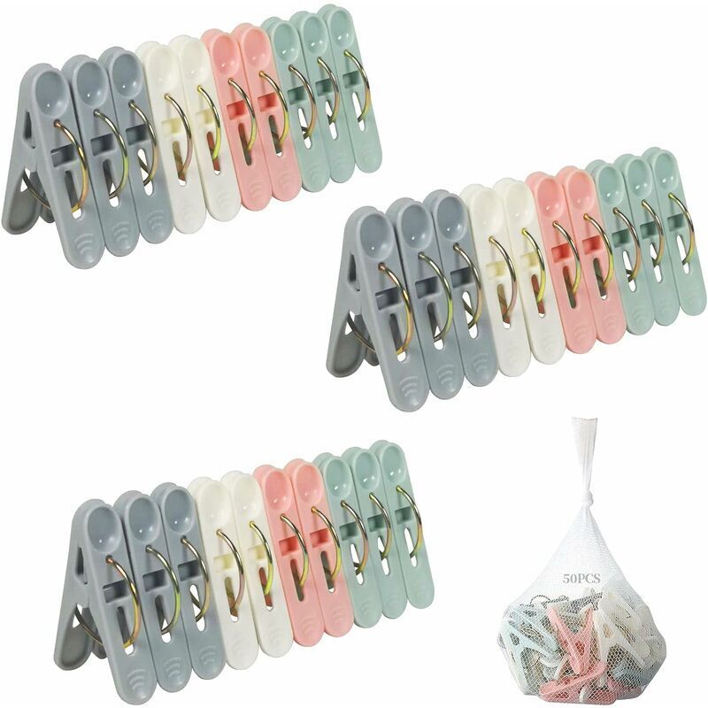 Ontway - Lot de 50 pinces à linge antidérapantes en plastique élastique résistant avec anneaux durables, multicolores, coupe-vent, doux pour le